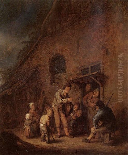 A Hurdy-gurdy Player With Children Oil Painting by Adriaen Jansz van Ostade