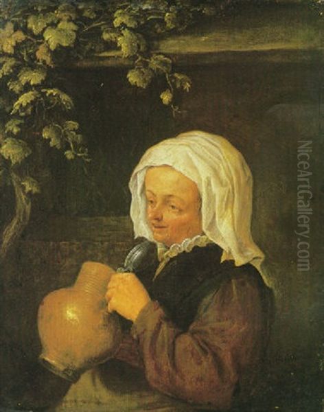 A Peasant Woman Holding A Stoneware Jug With A Pewter Lid Outside A Cottage Oil Painting by Adriaen Jansz van Ostade