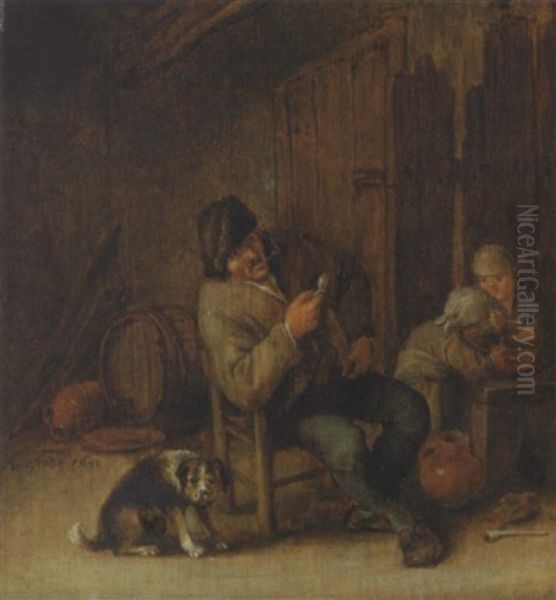 A Boor Smoking In An Interior, With A Dog And Two Children Oil Painting by Adriaen Jansz van Ostade