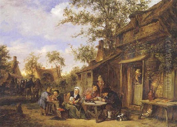 Famille De Paysans Se Restaurant Dans La Cour D'une Ferme Oil Painting by Adriaen Jansz van Ostade