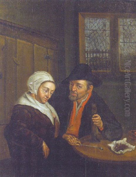 A Couple Seated At A Table In An Interior Oil Painting by Adriaen Jansz van Ostade