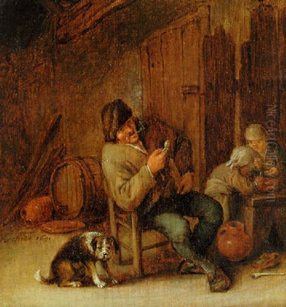 A Boor Smoking In An Interior With A Dog And Two Children Oil Painting by Adriaen Jansz van Ostade