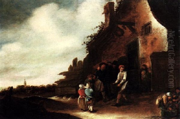 Peasants Outside An Inn, A Church Spire In The Distance Oil Painting by Adriaen Jansz van Ostade