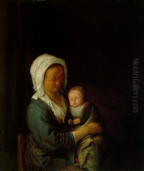 A Woman Holding A Child On Her Lap Oil Painting by Adriaen Jansz van Ostade