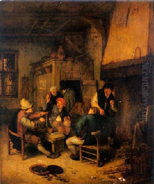 Boors Drinking And Smoking By A Chimney In A Tavern, With A Servant Tending A Fire And New Guests Being Welcomed At The Door Oil Painting by Adriaen Jansz van Ostade