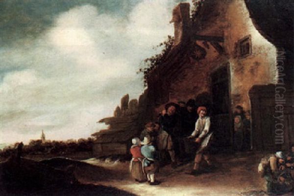 Peasants Outside An Inn, A Church Spire In The Distance by Adriaen Jansz van Ostade