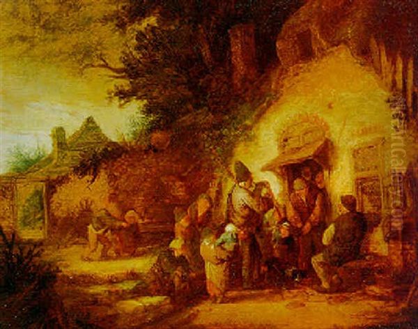 Peasants Outside A Cottage Gathered Around A Bagpipe Player Oil Painting by Adriaen Jansz van Ostade