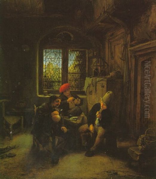 The Interior Of A Cottage With Three Peasants Smoking And Drinking Around A Stool Oil Painting by Adriaen Jansz van Ostade