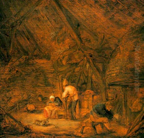 A Barn Interior With A Peasant Family By A Fire Oil Painting by Adriaen Jansz van Ostade