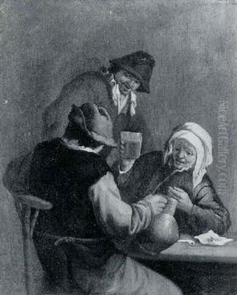 The Topers: A Boor And An Old Woman Drinking At A Table, An Onlooker Nearby Oil Painting by Adriaen Jansz van Ostade