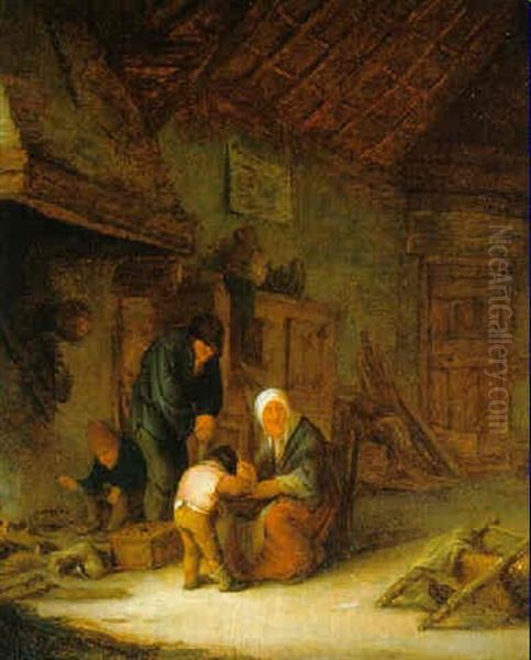 Eine Mutter Fuettert Ihren Sohn Im Inneren Eines Bauernhauses... Oil Painting by Adriaen Jansz van Ostade