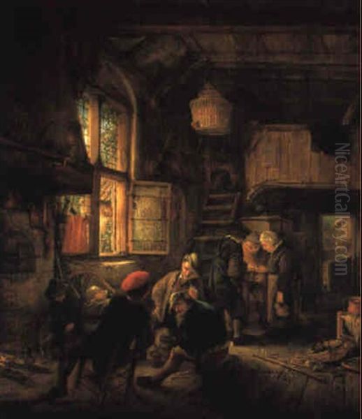 The Interior Of An Inn With Three Seated Peasants Drinking And Smoking Oil Painting by Adriaen Jansz van Ostade