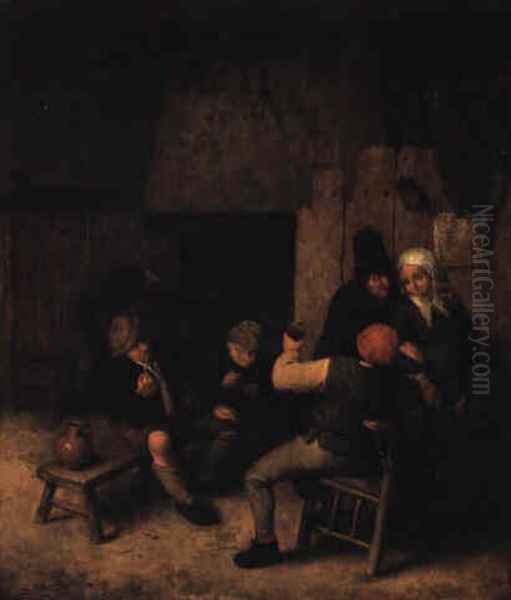 Peasants Drinking And Smoking In An Interior Oil Painting by Adriaen Jansz van Ostade