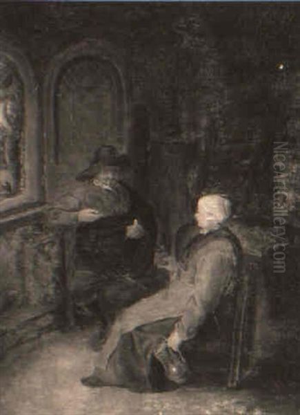 An Elderly Couple Seated By A Window In An Interior Oil Painting by Adriaen Jansz van Ostade