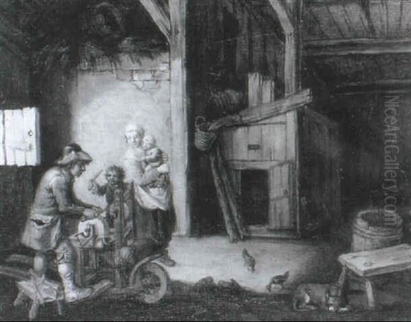 A Mother And Children Visiting A Knife Grinder Oil Painting by Adriaen Jansz van Ostade