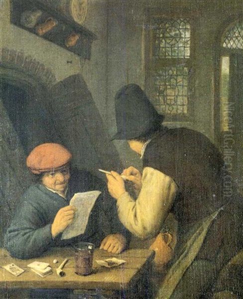 The Interior Of An Inn With A Boor Reading, Another Filling His Pipe Oil Painting by Adriaen Jansz van Ostade