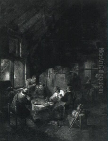 A Tavern Interior With Peasants Seated Around A Table Oil Painting by Adriaen Jansz van Ostade