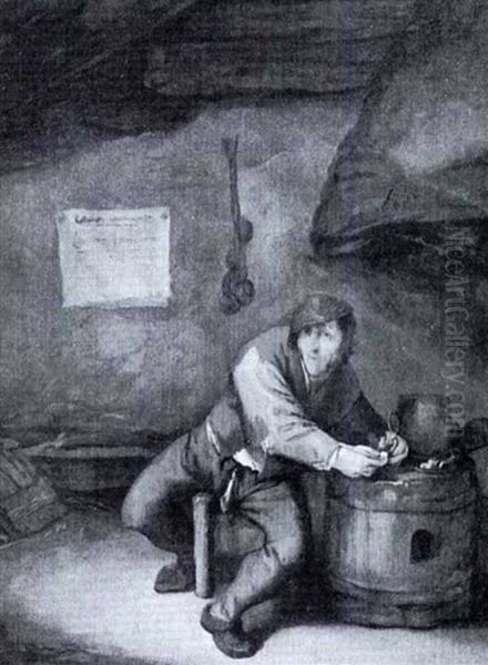 Boor Filing A Pipe At A Barrel By The Fireplace Of An Inn Oil Painting by Adriaen Jansz van Ostade