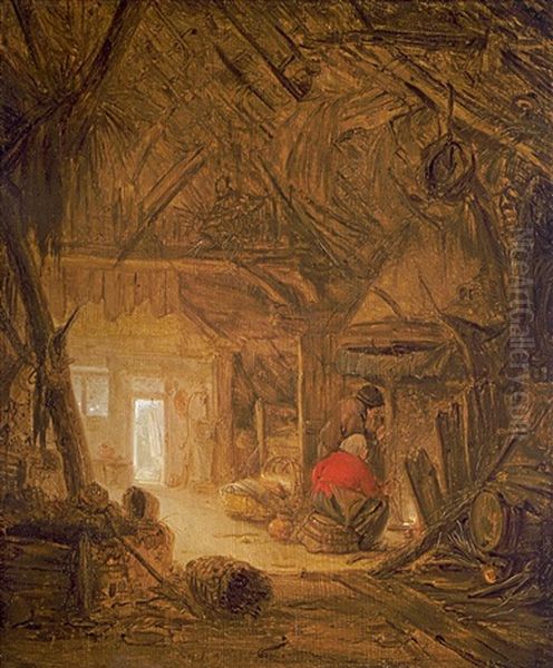 Boor Filing A Pipe At A Barrel By The Fireplace Of An Inn Oil Painting by Isaac Van Ostade