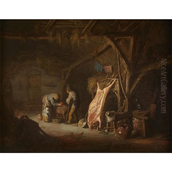 A Peasant Family Preparing Meat In A Barn Oil Painting by Isaac Van Ostade