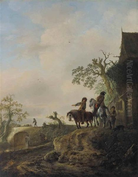 Landscape With Horsemen Halting At An Inn Oil Painting by Isaac Van Ostade