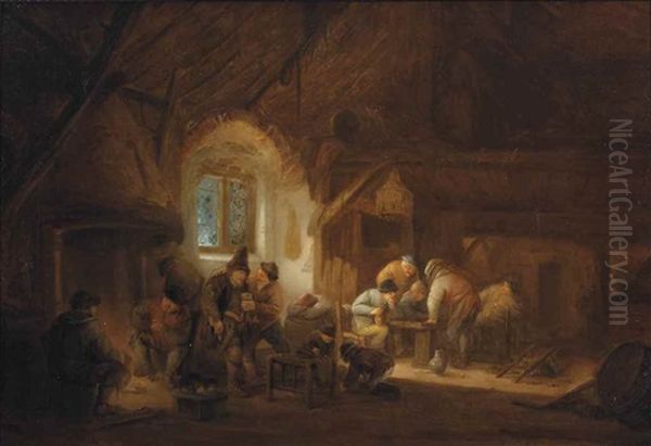 A Barn Interior With Peasants Conversing By A Fire Place, Drinking And Playing Backgammon Oil Painting by Isaac Van Ostade