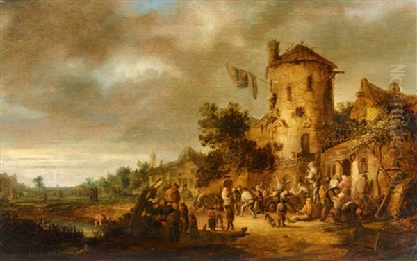 Village Fair With Dancing Peasants And A Bagpipe Player Oil Painting by Isaac Van Ostade