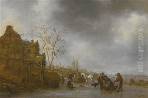 Winter Landscape With Figures On A Frozen River Oil Painting by Isaac Van Ostade