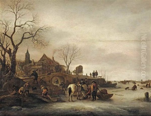 A Winter Landscape With Figures Feeding A Horse On A Frozen Lake, A Church Spire Beyond Oil Painting by Isaac Van Ostade