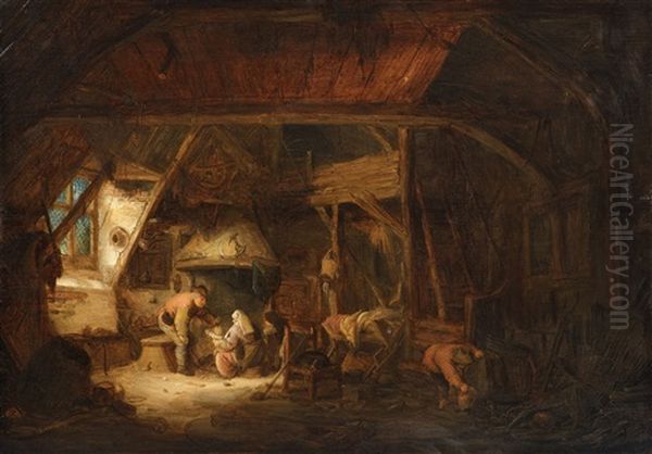 A Barn Interior Oil Painting by Isaac Van Ostade