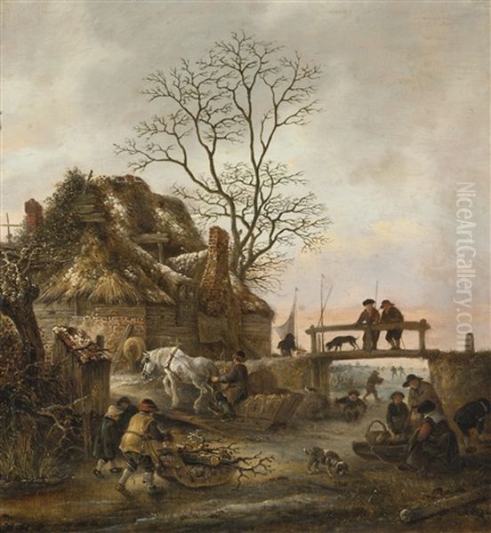 A Frozen Canal With A Horse-drawn Sledge Near A Cottage, Two Figures With A Dog On A Bridge, And A Sleigh Filled With Wood In The Foreground Oil Painting by Isaac Van Ostade