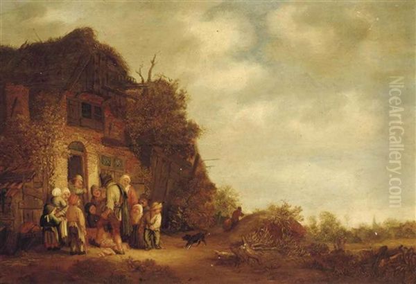 Peasants At A Cottage Door With A Hurdy Gurdy Player Oil Painting by Isaac Van Ostade