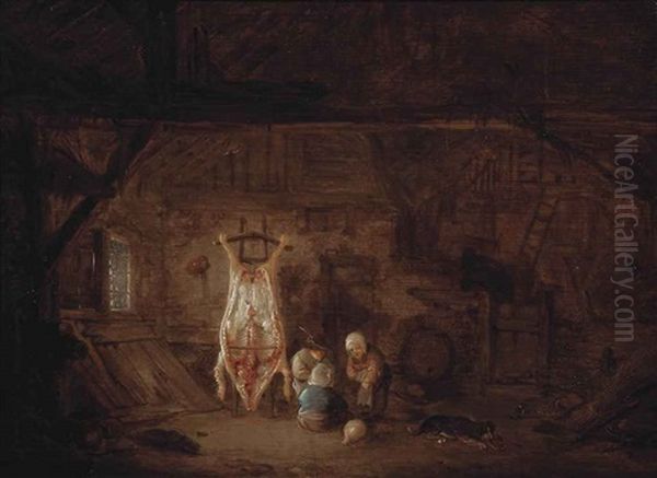 A Barn Interior With Three Children And Their Dog Playing With A Pig's Bladder Oil Painting by Isaac Van Ostade