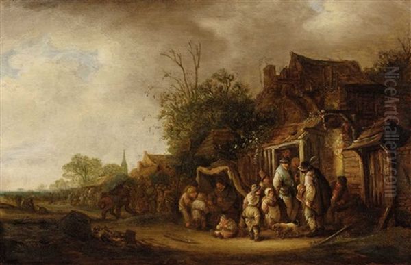 Village Street With Organ Grinder Oil Painting by Isaac Van Ostade