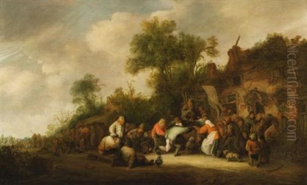 Peasants Dancing And Carousing Outside A Village Inn Oil Painting by Isaac Van Ostade