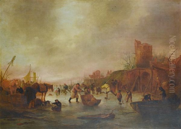 A Winter Landscape With Figures Skating And Playing Kolf On A Frozen River Oil Painting by Isaac Van Ostade