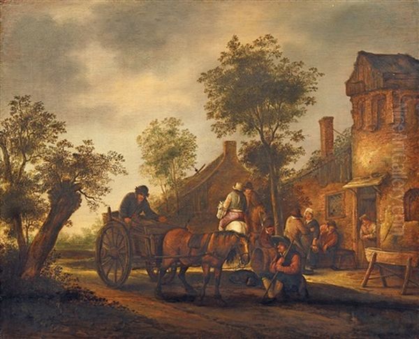 Carts And Horseman In Front Of An Inn Oil Painting by Isaac Van Ostade