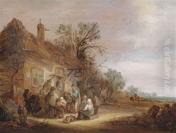 Peasants And Musicians Outside A Tavern Oil Painting by Isaac Van Ostade