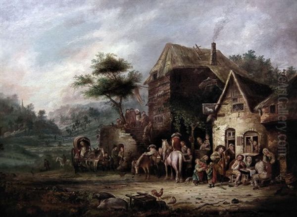 Tavern Scene With Figures Drinking And Conversing Outside, Relined Oil Painting by Isaac Van Ostade