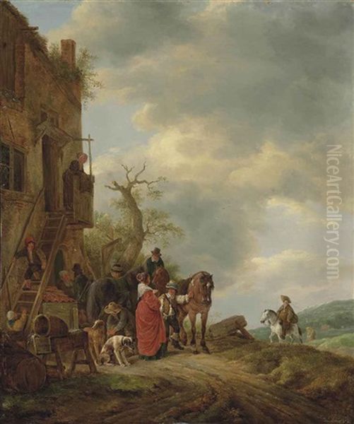 Travellers With Horses And Dogs On A Track Outside An Inn, A Wooded Landscape Beyond Oil Painting by Isaac Van Ostade