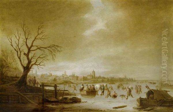 Winterlandschaft Mit Schlittschuhlaufern Oil Painting by Isaac Van Ostade