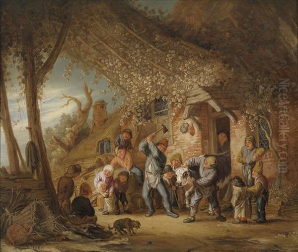 Ein Ochse Wird Zum Erntedankfest Geschlachtet Oil Painting by Isaac Van Ostade