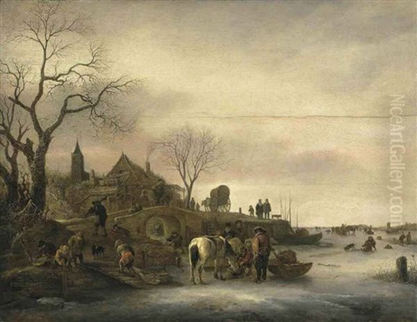 A Winter Landscape With Figures On A Frozen Lake With A Church Spire Beyond Oil Painting by Isaac Van Ostade