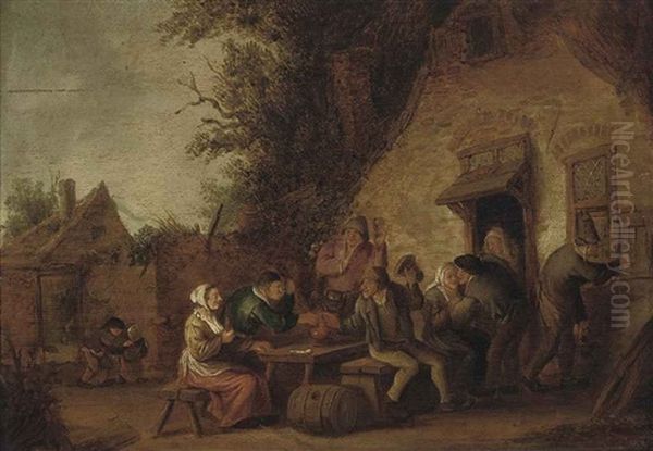 Peasants Carousing Outside A Tavern Oil Painting by Isaac Van Ostade