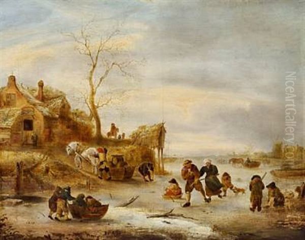 Skaters In A Dutch Winter Landscape Oil Painting by Isaac Van Ostade