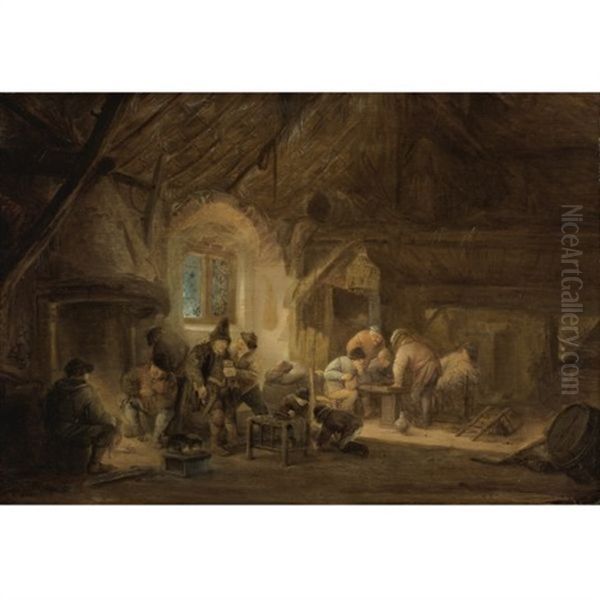 Rustic Interior With Peasants Drinking And Gaming Oil Painting by Isaac Van Ostade