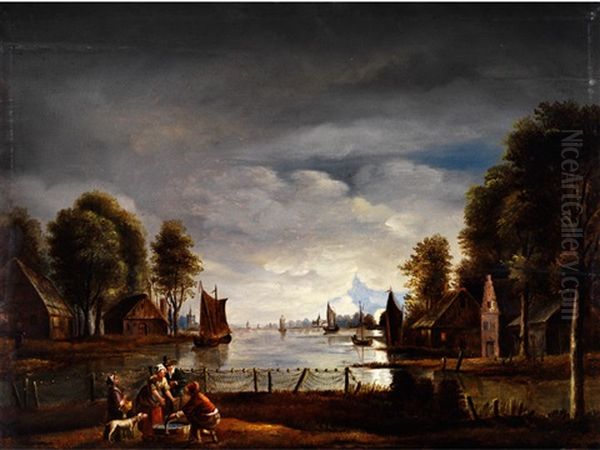 Abendliche Hollandische Flusslandschaft Oil Painting by Isaac Van Ostade