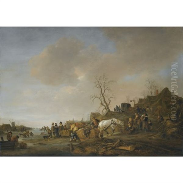 A Frozen River Landscape With A Waggoner Halted At An Inn And A Horse Pulling A Laden Sleigh Off The Ice In The Foreground Oil Painting by Isaac Van Ostade