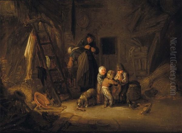 Jeunes Enfants Jouant Dans Une Chaumiere by Isaac Van Ostade