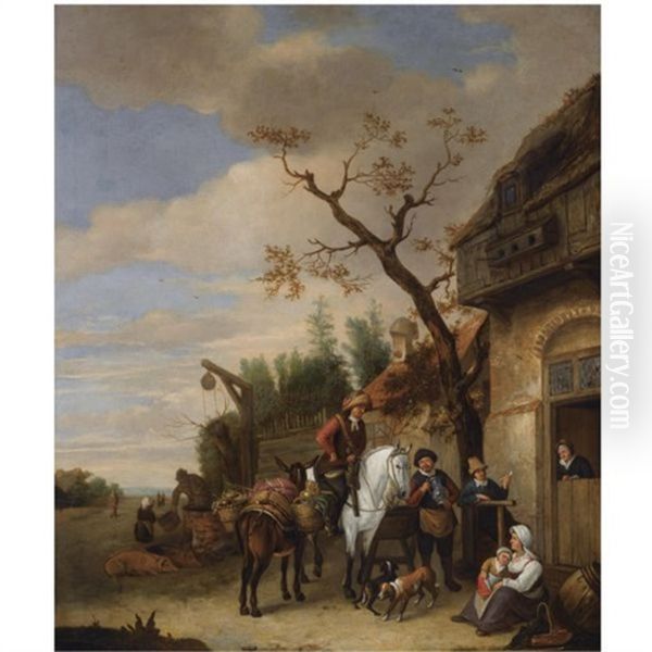 A Village Scene With Travellers Near An Inn, A Woman And Child Resting In The Foreground Oil Painting by Isaac Van Ostade